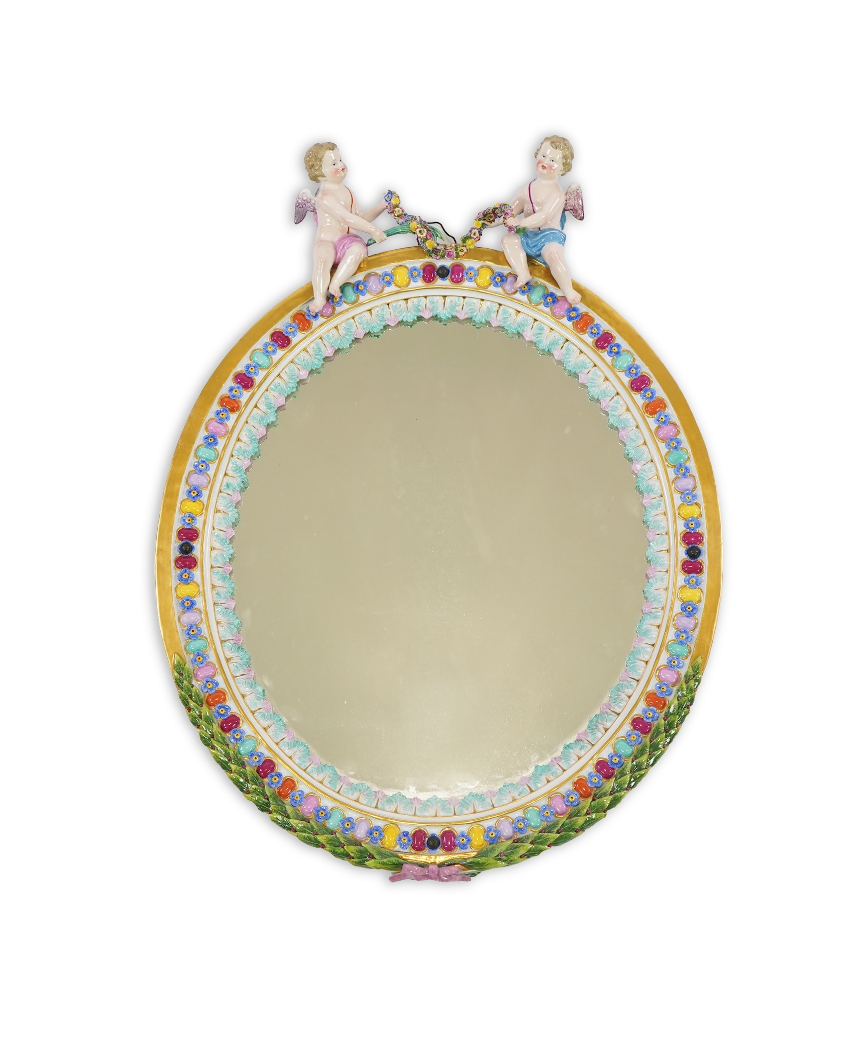 A Meissen figural oval mirror, late 19th century